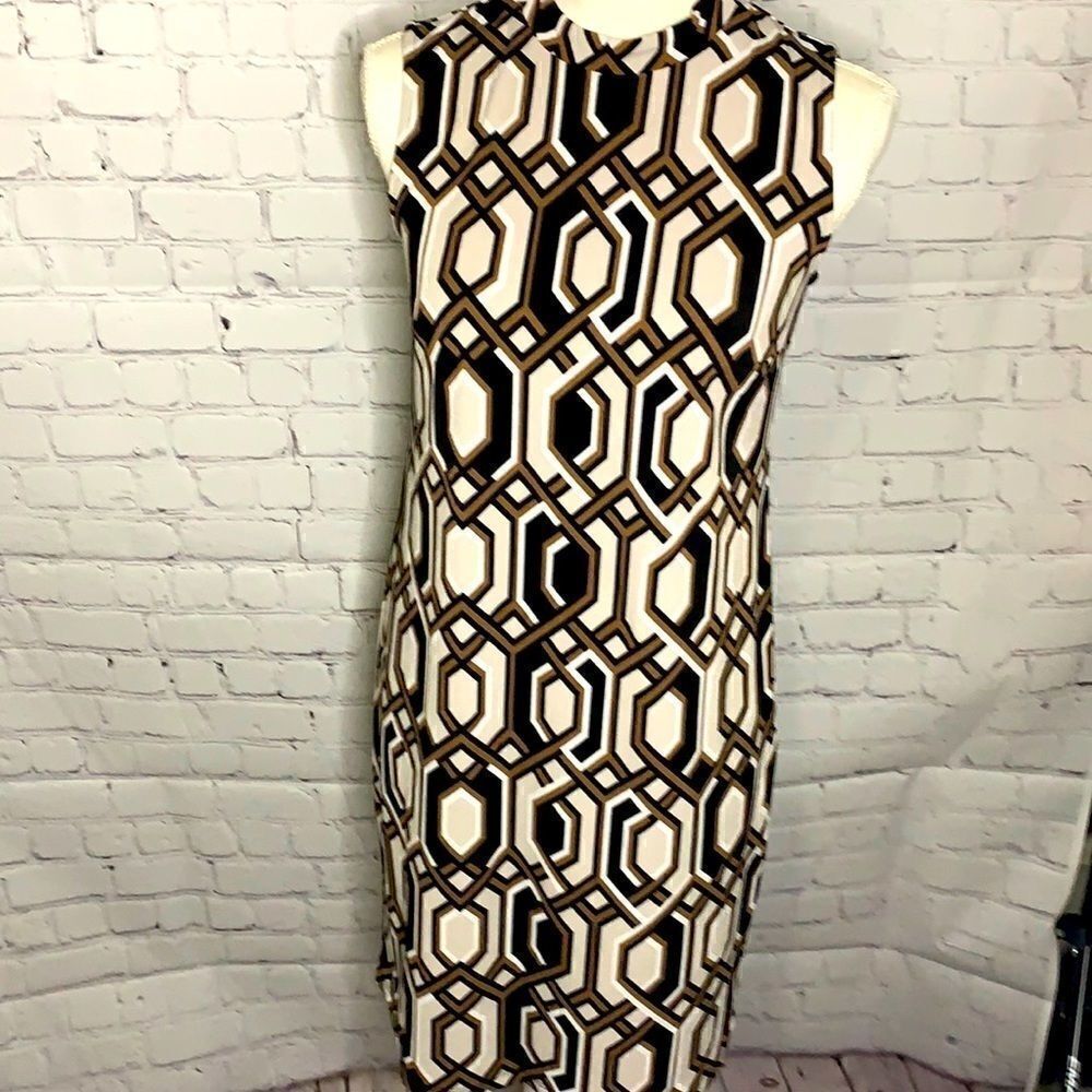 INC Brown Black Cream Geometric Fitted Dress - S